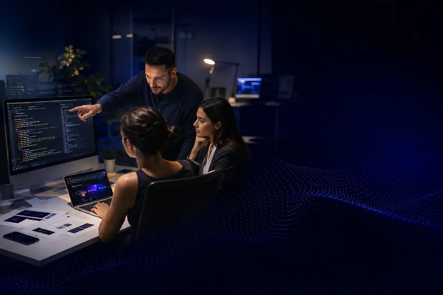 Web development team reviewing source code and collaborating on a software development project